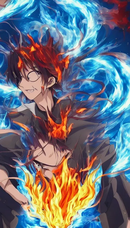 Image similar to a high quality anime still of fire and water mixing together, conveying a sense of balance inspired by the Temperance tarot card,