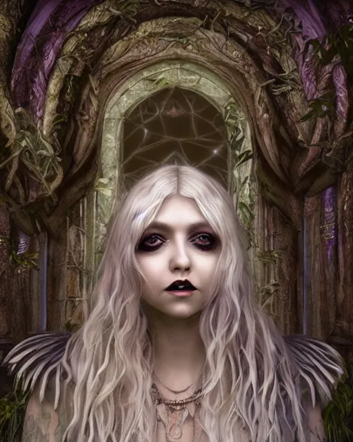 Prompt: Beautiful art portrait of taylor momsen as a fantasy gothic priestess in a bright temple surrounded by lush forest, atmospheric lighting, intricate detail, cgsociety, hyperrealistic, octane render, RPG portrait, ambient light, dynamic lighting