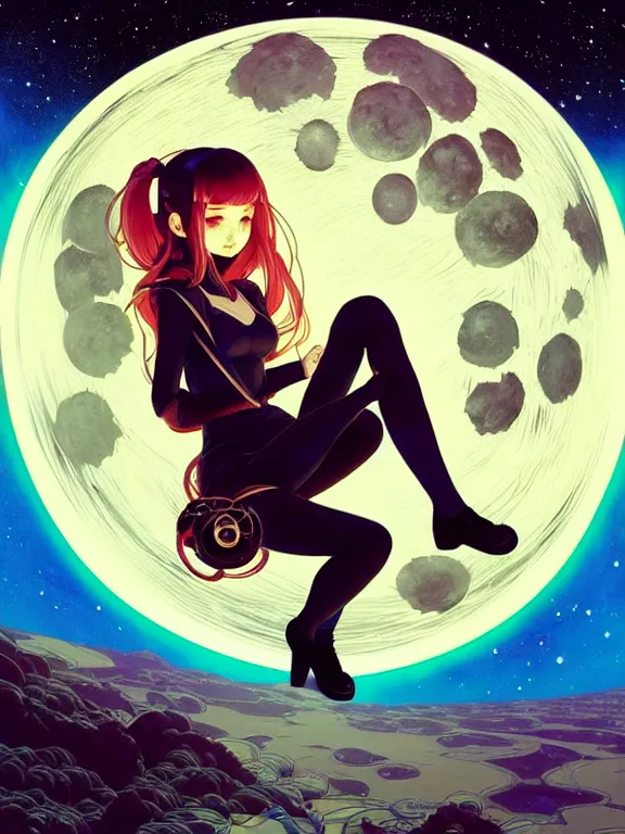 Image similar to full body picture of a space girl sitting in the moon cafe, bored, coveted, beautiful and aesthetic, intricate, unreal engine, messy hair, highly detailed, detailed face, smooth, sharp focus, chiaroscuro, manga illustration, artgerm, greg rutkowski, ilya kuvshinov, rossdraws, alphonse mucha, young adult light novel cover art