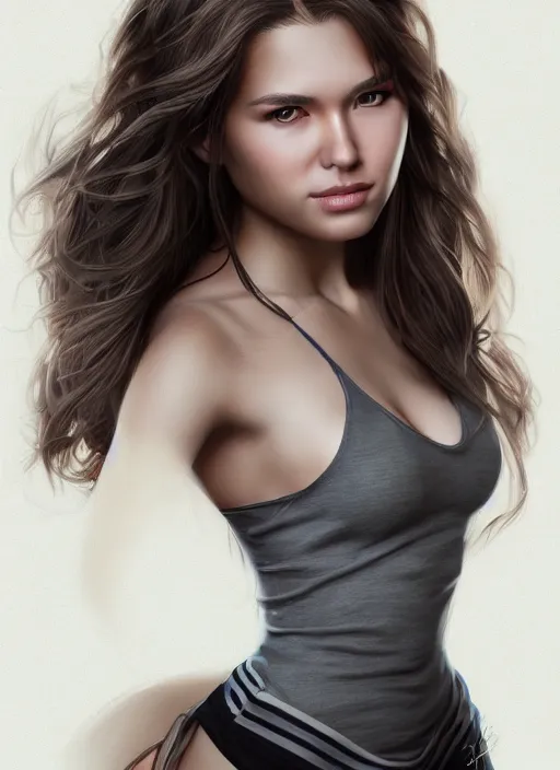 Image similar to full body portrait of a beautiful young woman, photorealistic, hair down to waist, in the style of Kevin Kostic, Stephen Lau and artgerm, hyper sharp focus, 8k highly detailed