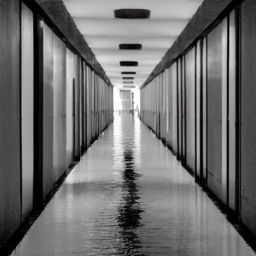 Prompt: a long endless hallway with shallow water at the bottem of it