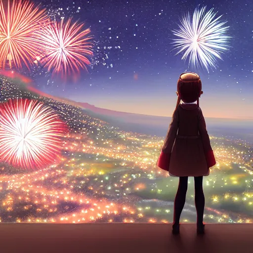 Image similar to girl watching watching fireworks on a hill, digital art, by range murata, akiyuki shinbou, highly detailed, realistic, cinematic, bold colours, photorealism, 4 k