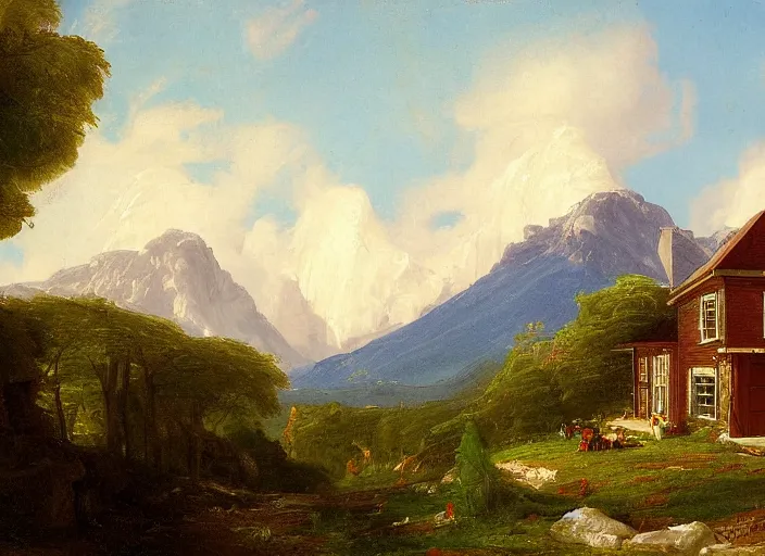 Prompt: painting of a william krisel house in front of mountains by thomas cole