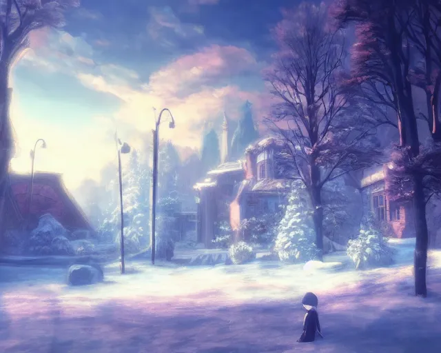 Prompt: scenery artwork, scene beautiful, light!! light essential cozy winter snow world snowy, surrealism oil on canvas, artstation!! pixiv!! dream scenery, quality astral projection render, nier automata concept art, vaporwave textures