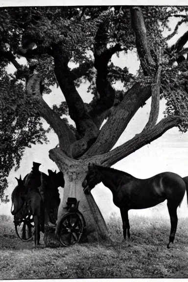 Image similar to a photo from the 1800s of 2 horses inside a tree