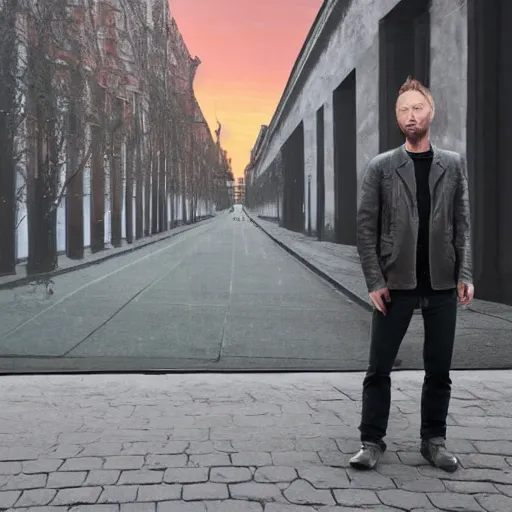 Image similar to thom yorke standing in moscow street, full body, more details, red sky, super realistic,