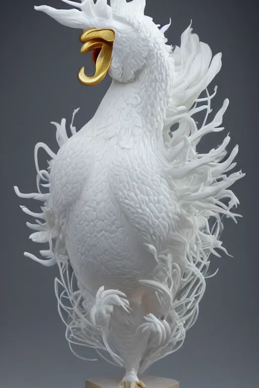 Image similar to full head and shoulders, realistic bjork porcelain rooster sculpture, smooth, delicate facial features, white eyes, white lashes, detailed white, lots of 3 d gold chinese dragons anatomical, all white features on a white background, by daniel arsham and james jean