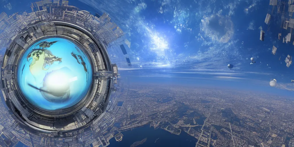 Prompt: giant city encased in a glass sphere tethered to the blue planet below, view from space, the sun is in the background reflecting off the glass dome, ray tracing, refractive, award winning, trending on artstation, digital art. highly detailed 8 k. intricate. lifelike. soft light. nikon d 8 5 0.