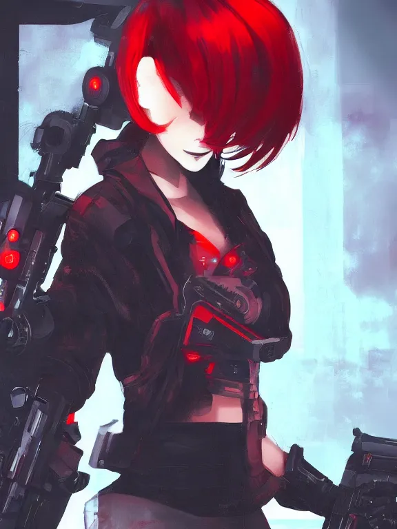 Prompt: a female character with a gun and a red background, cyberpunk art by muqi, featured on pixiv, rayonism, sci - fi, pixiv, official art