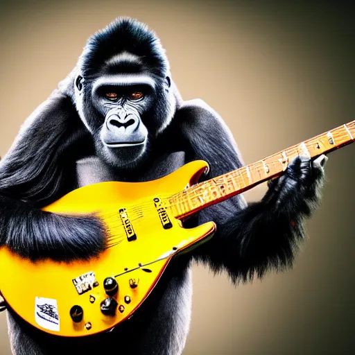 Prompt: a photo of a gorilla shredding a solo on an electric guitar, making guitar faces, on stage, photographed by matty vogel, and rolling stone magazine