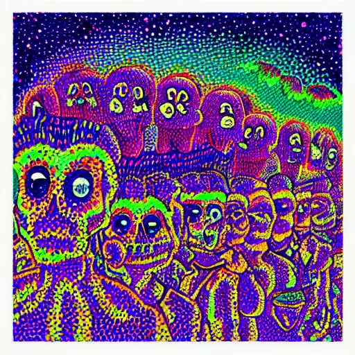 Image similar to ghosts having a fun night on the town, psychedelic colors, in a pointilliste style