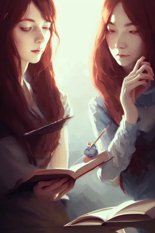 Image similar to portrait of two wise and very beautiful women scientists reviewing some texts, art by guweiz, intricate, elegant, highly detailed, smooth, sharp focus, artstation