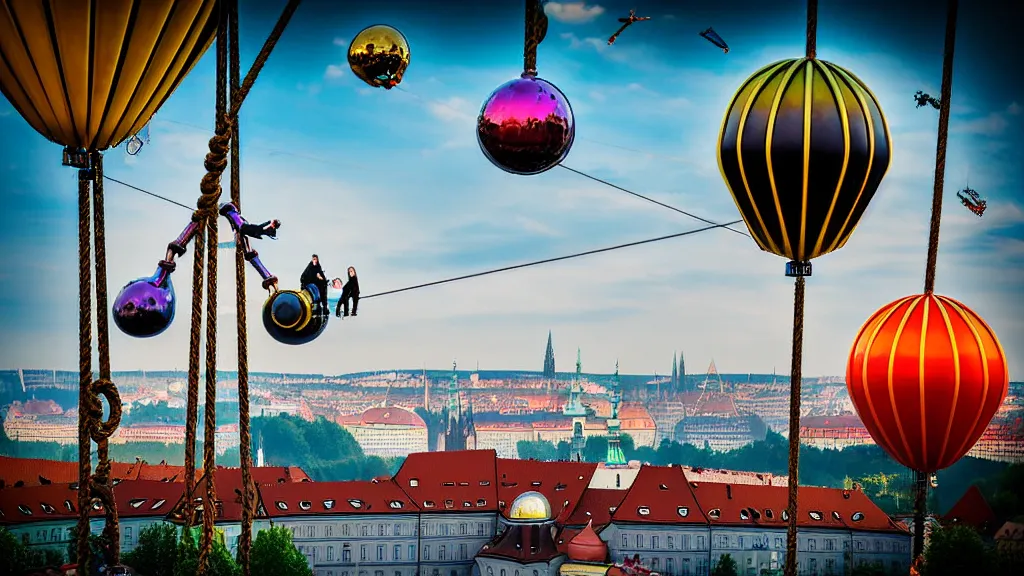 Image similar to large colorful futuristic space age metallic steampunk steam - powered balloons with pipework and electrical wiring around the outside, and people on rope swings underneath, flying high over the beautiful prague city landscape, professional photography, 8 0 mm telephoto lens, realistic, detailed, photorealistic, photojournalism