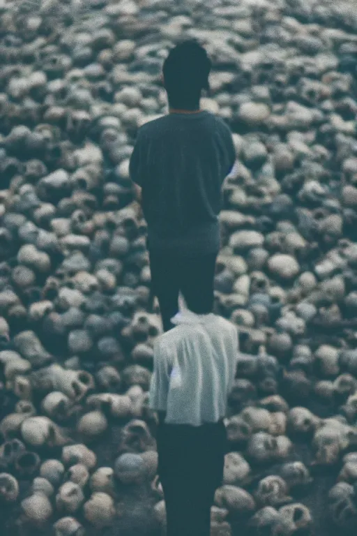 Prompt: agfa vista 4 0 0 photograph of a guy standing on a pile of human skulls, back view, synth vibe, vaporwave colors, lens flare, moody lighting, moody vibe, telephoto, 9 0 s vibe, blurry background, grain, tranquil, calm, faded!,