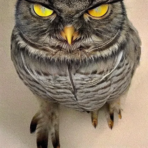 Image similar to owl and cat hybrid that has wings and body of an owl and head of a cat