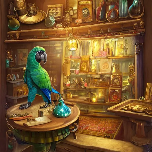 Image similar to a Anthropomorphized parrot trader in his shop, selling his wares, portrait, items, gold, carpet, window, presenting wares, holding a gold bag, D&D, fantasy, cinematic lighting, highly detailed, digital painting, artstation, concept art, smooth, sharp focus, illustration, warm light, cozy warm tint, magic the gathering artwork, volumetric lighting, 8k, art by Akihiko Yoshida, Greg Rutkowski