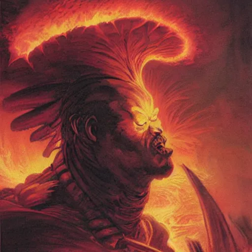 Image similar to head and shoulders portrait of a black samurai fire giant, wreathed in flame, inside a volcano, d & d, fantasy, greg rutkowski, frank frazetta, alexandre chaudret, boris vallejo, michael whelan, miro petrov, hr giger, magali villeneuve, donato giancola