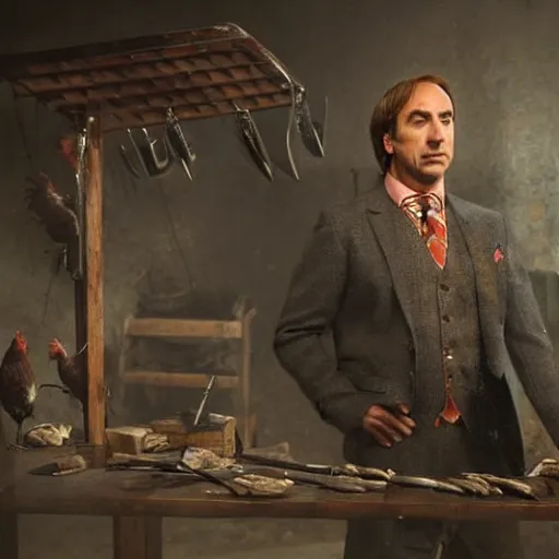 Image similar to saul goodman and a rooster in a medieval torture chamber, saw blades and knives in the background, horror movie, saul goodman, rooster, real life photo, detailed face