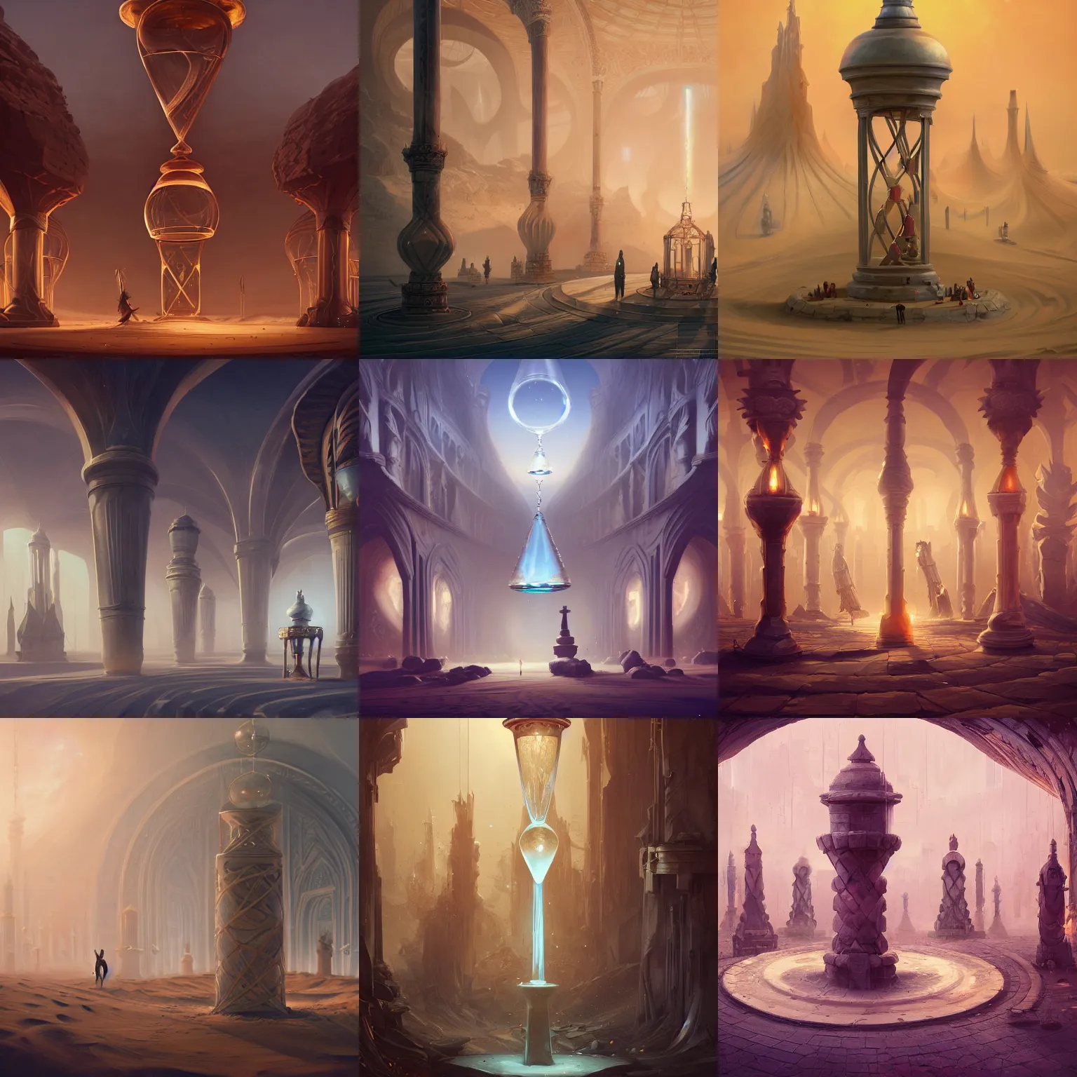 Prompt: victorian arcs of sand, pillars on ceiling, lamps on ground, giant hourglass on center, by peter mohrbacher dan mumford craig mullins nekro, cgsociety, pixiv, volumetric light, 3 d render