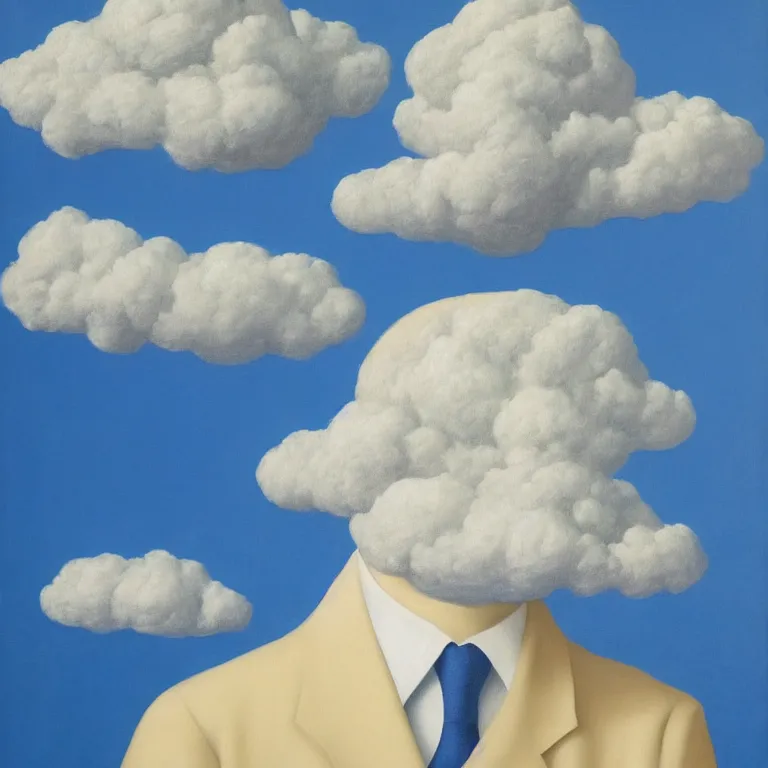 Image similar to cloud - man, by rene magritte, centered, detailed painting, hd, hq, high resolution, high detail, 4 k, 8 k