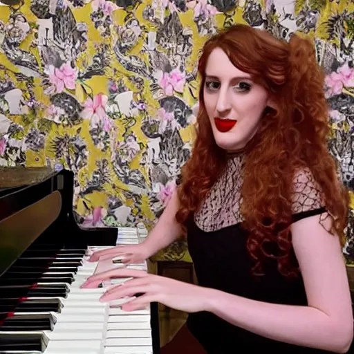 Prompt: contrapoints playing piano in an opulent house with fancy wallpaper