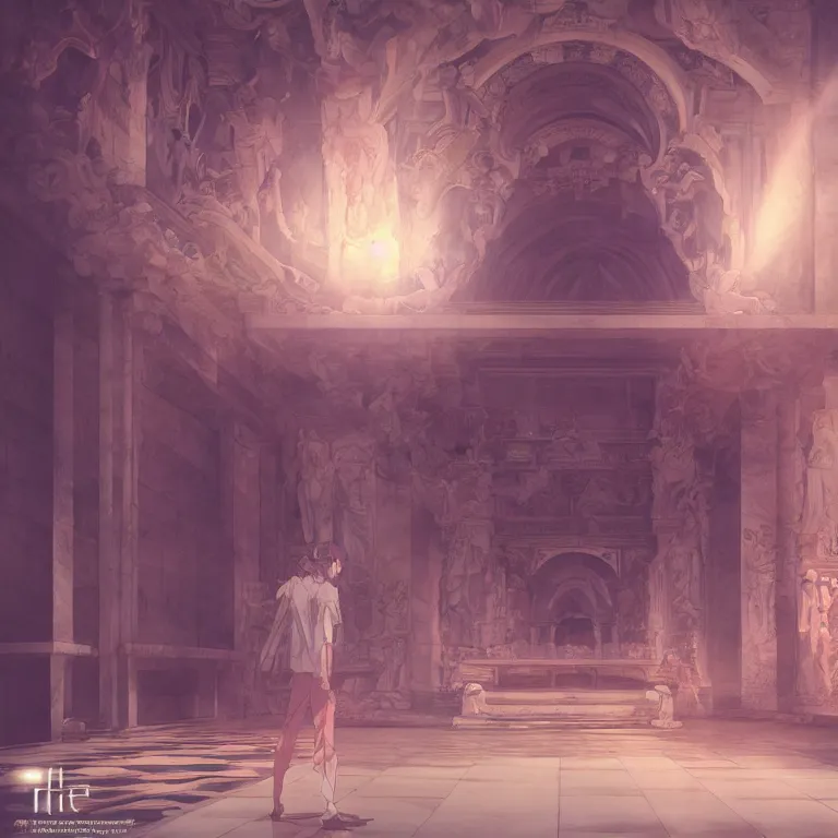 Prompt: photorealistic anime character inside a marble temple, film photo, soft lighting album cover, nostalgia, gradient, light reflection