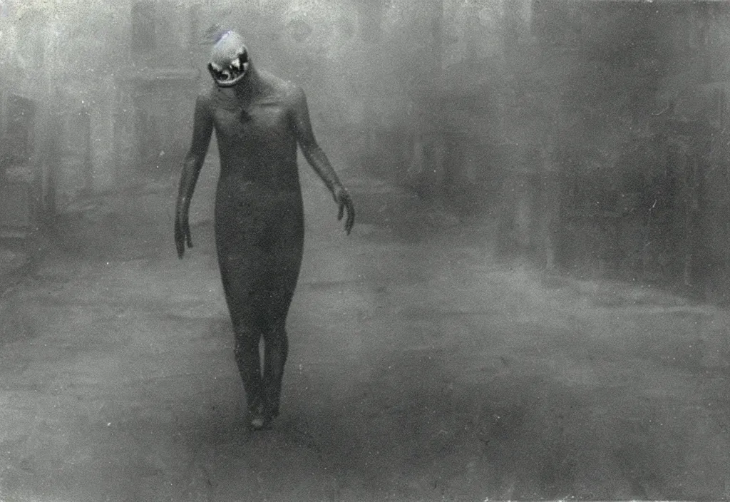Prompt: 1 9 3 0's daguerreotype photo, depicting a weirdcore entity creature from silent hill rampaging through the bustling streets of toronto, historical record