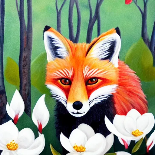 Prompt: painting of a cute red fox in the middle of a white magnolia forest