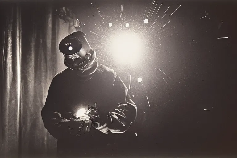 Image similar to welder in welding mask in a berlin dance club, ominous lighting, by richard avedon, color