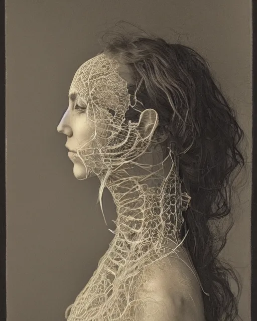 Image similar to a woman's face in profile, long flowing hair entwined in intricate decorative lace leaf skeleton, in the style of the dutch masters and gregory crewdson, dark and moody