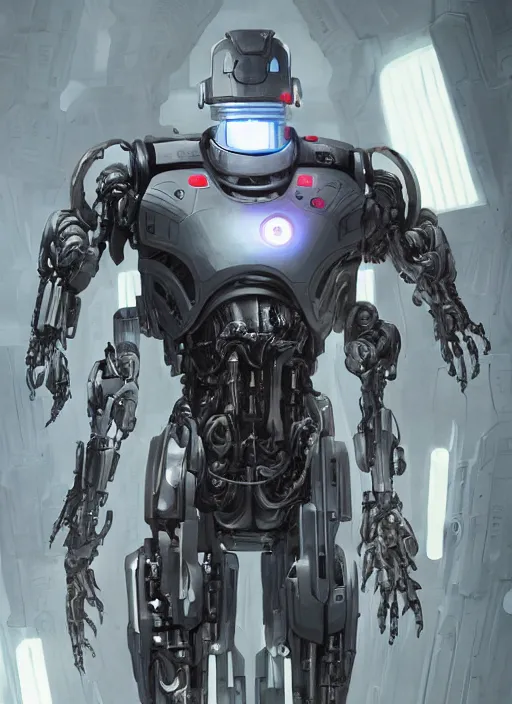 Image similar to cyborg, borg, android, strogg, face of a man, body of a robot, droid, robocop, cable, victor stone, ultron, terminator, machine, flesh, quake, doom demon, wolfenstein, monster, octane render, from an anime movie, symmetry, symmetrical, concept art by ruan jia and greg rutkowski