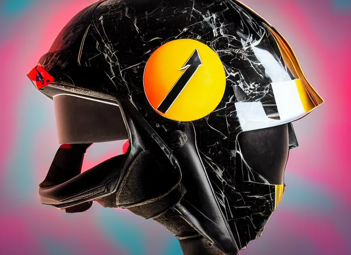 Image similar to beautifully lit photo of a black marble statue of a woman with colorful motocross logos and a black motorcycle helmet with closed visor, carved marble statue, symmetrical, fine art, michaelangelo, vogue, in the style of virgil abloh, offwhite, matthew williams, denoise, highly detailed, arnold, maya, photoshop, lightroom