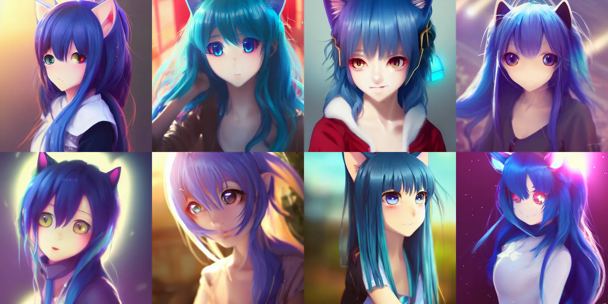 Prompt: very beautiful anime cat girl, neko, long blue hair, azure blue watery eyes, full round face, lens flare, cinematic lighting, full shot, highly realistically detailed, trending on pixiv, sayori, Unreal Engine 4k, Stanley Artgerm Lau, WLOP, Rossdraws, James Jean, Marc Simonetti, Sakimichan