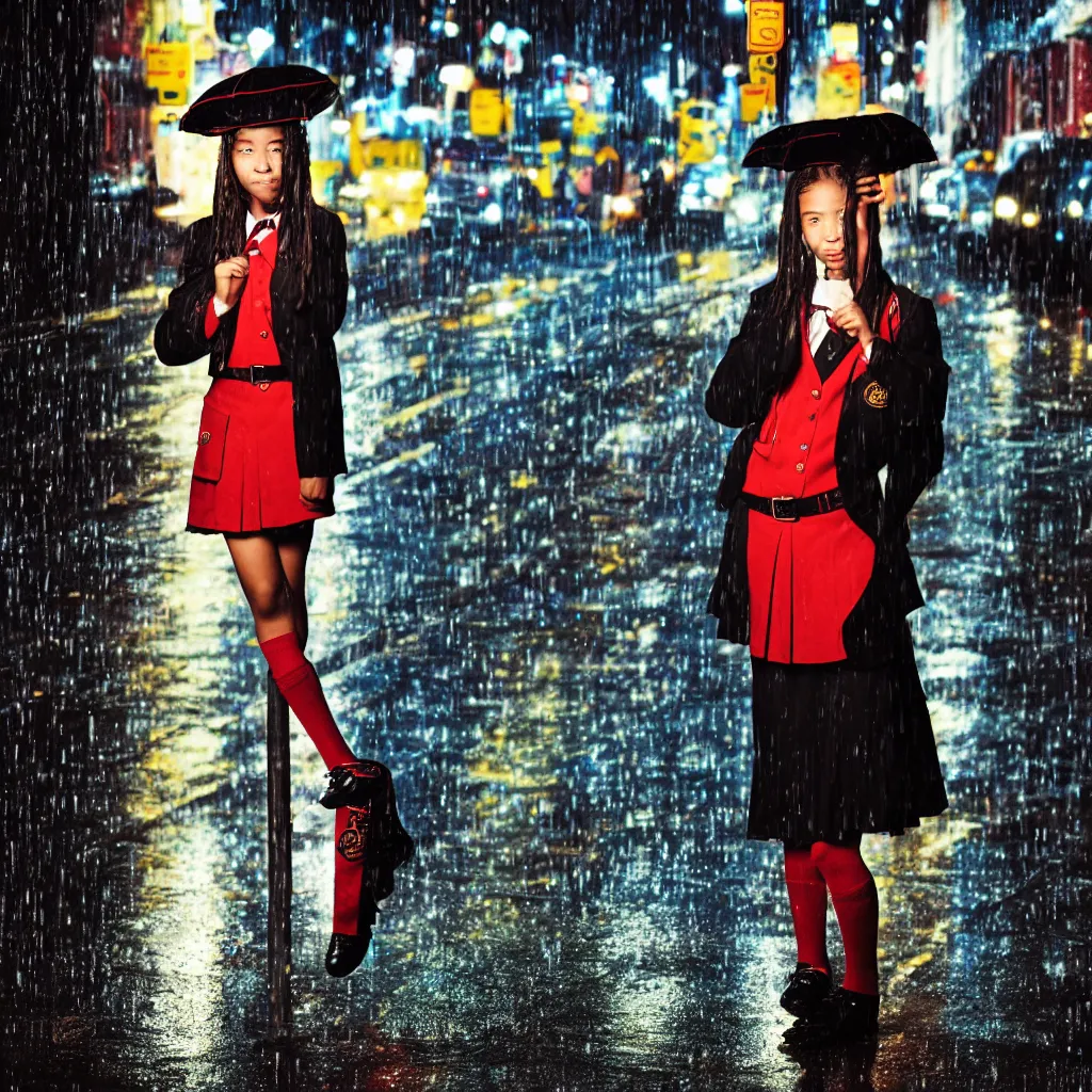 Image similar to night flash portrait photography of a high school girl in uniform on the lower east side by annie leibovitz, colorful, nighttime!, raining!