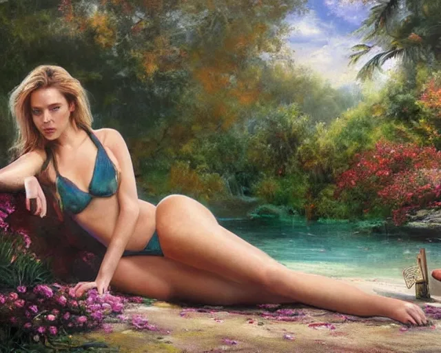 Image similar to portrait of scarlett johannson wearing a bikini at a park, an oil painting by ross tran and thomas kincade