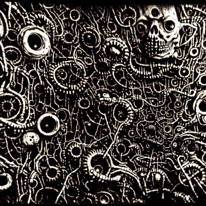 Image similar to a bizarre industrial nightmare full of unspeakable creatures, cosmic horror, technology, abstract, surreal, hell, horror, dark, intricate textures, 3 5 mm, film shot