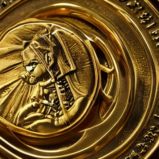 Image similar to a gold coin with a clock face printed on it, complex, high detail, close up