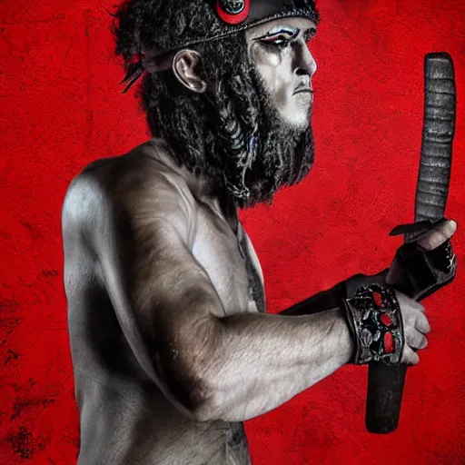 Image similar to portrait of an ancient warrior red and black theme studio photo realistic