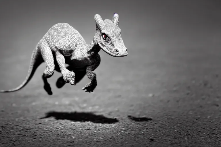 Prompt: award winning photo by saul leiter of a tiny gray dinosaur running in the savannah, motion blur, tiny gaussian blur, insanely detailed, insanely intricate, depth of field, low contrast, summer, wide aperture, action photography