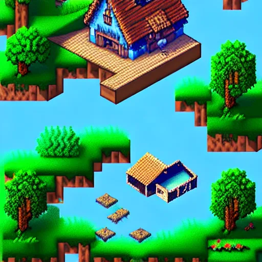 Image similar to view of a cottage above an azure lake, beautiful game pixelart, by thomas feichtmeir ( cyangmou ), by kirokaze, by waneella, by albertov, intricate details, beautiful pixelart, volumetric lighting, cgsociety, artstation