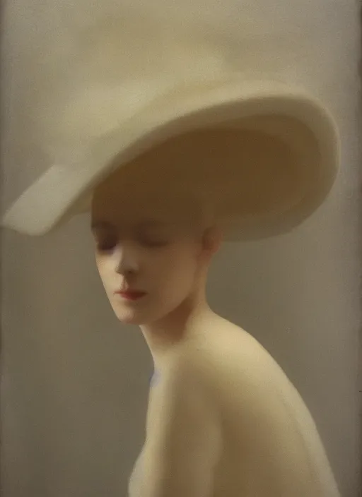 Prompt: out of focus photorealistic portrait of a beautiful!!!! pale young woman by sarah moon, very blurry, translucent white skin, closed eyes, foggy, closeup, with a weird hat