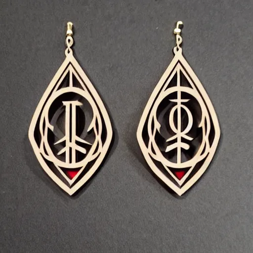 Image similar to 2 d wood lasercut earrings, mystical symbols, 8 k, hd, trending on amazon on artstation, trending on deviantart, trending on etsy, epic digital art