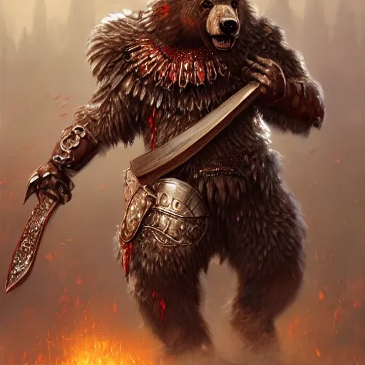 Image similar to Anthropomorphized Roaring Bear in full armor carrying big Axe, full body, menacing pose, concept art, insanely detailed and intricate, hypermaximalist, elegant, ornate, hyper realistic, super detailed, tribal red atmosphere, Art Deco, cinematic, trending on artstation, magic the gathering artwork