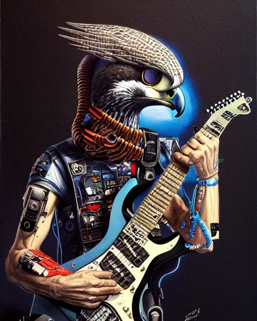 Prompt: a portrait of an anthropomorphic cyberpunk falcon shredding an electric guitar by sandra chevrier, by jon foster, detailed render, tape deck, epic composition, cybernetics, 4 k realistic, cryengine, realistic shaded lighting, sharp focus, masterpiece, by enki bilal