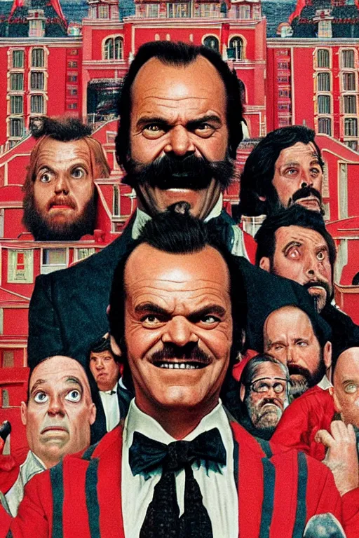 Prompt: a movie poster for the film the shining featuring a large portrait of jack nicholson's face and a fireaxe in the style of wes anderson's the grand budapest hotel.