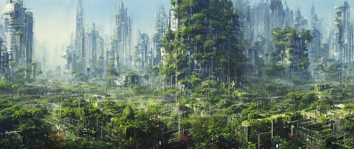 Image similar to matte painting of high tech city overgrown with plants, vincent di fate, masterpiece,