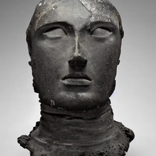 Image similar to an extremely ancient ironman bust that is tarnished and covered in sediment from uncovered earth expedition, rare photograph, smithsonian,