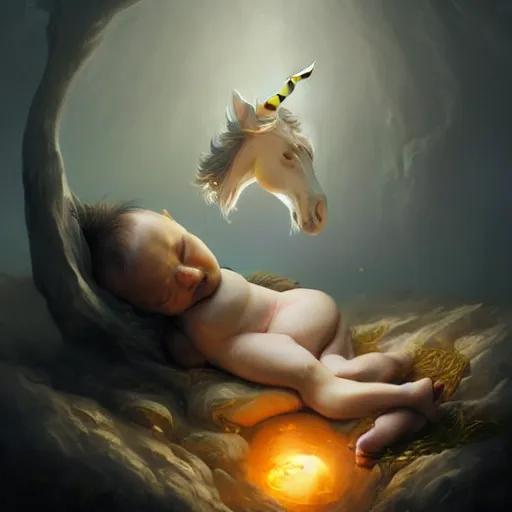 Image similar to a baby unicorn sleeping in an cracked egg, ultrarealistic, dramatic lighting, high details, 4 k, 8 k, best, accurate, trending on artstation, artstation, photorealism, ultrarealistic, digital painting, fantasy art, style of peter mohrbacher, caravaggio, boris vallejo