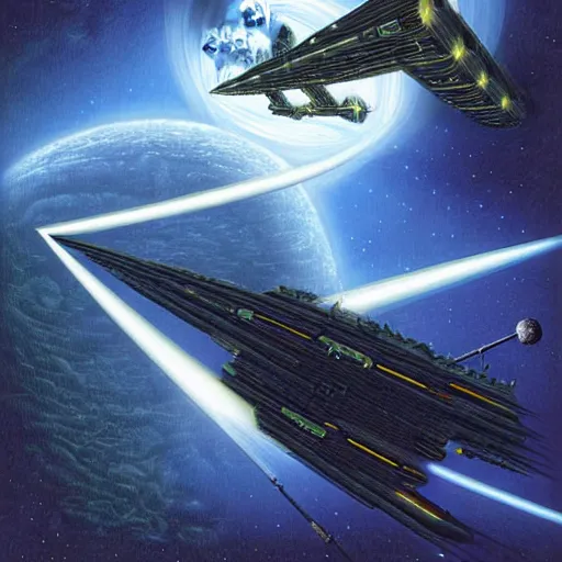 Prompt: professional digital art of an immense angular starship with many complex modules, in pitch black outer space, hamish frater, jim burns, wayne barlowe