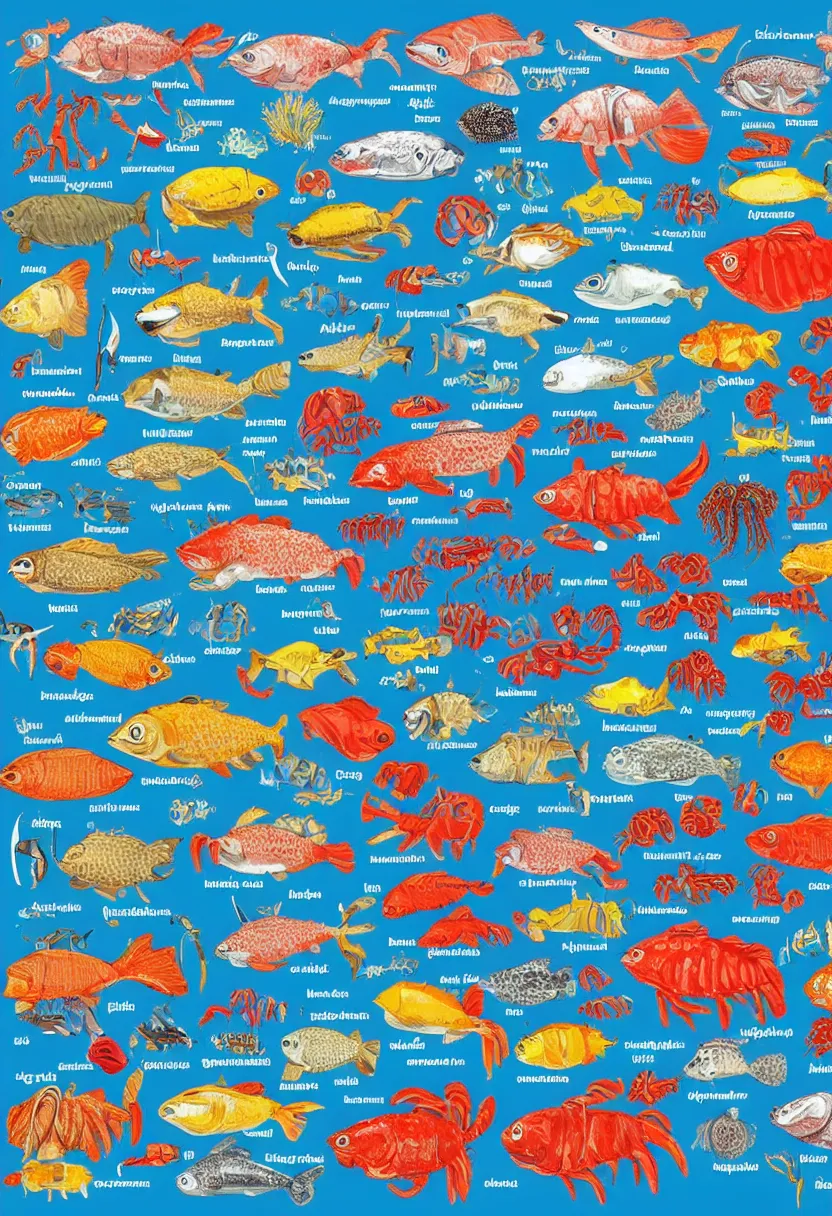 Prompt: fish species marine life wallchart high definition white background tuna cod whales crabs lobsters poster educational